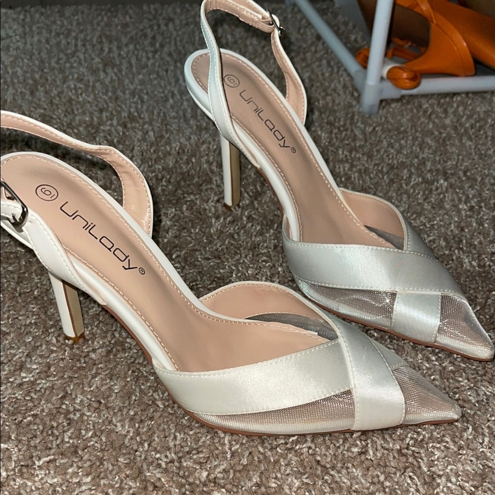 White Stiletto Slingback Heels with Adjustable Strap